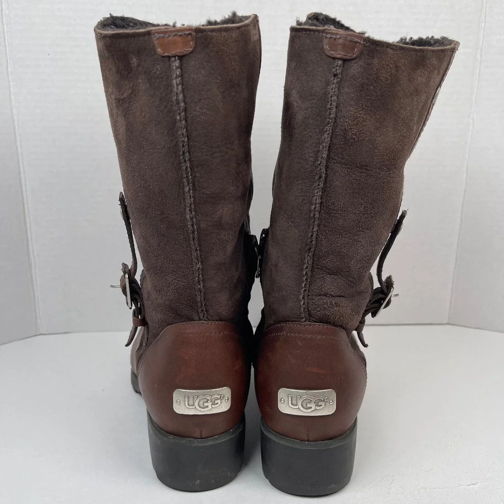 UGG Australia Bellevue Moto Boots Women 9.5 Brown Leather Suede Shearling Biker